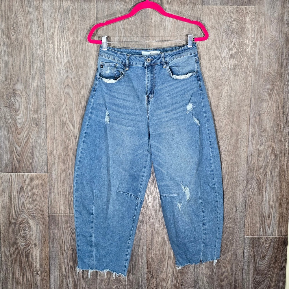 KanCan Distressed Wide Leg Cropped Jeans Womens Size 5 26 Light Wash Denim‎